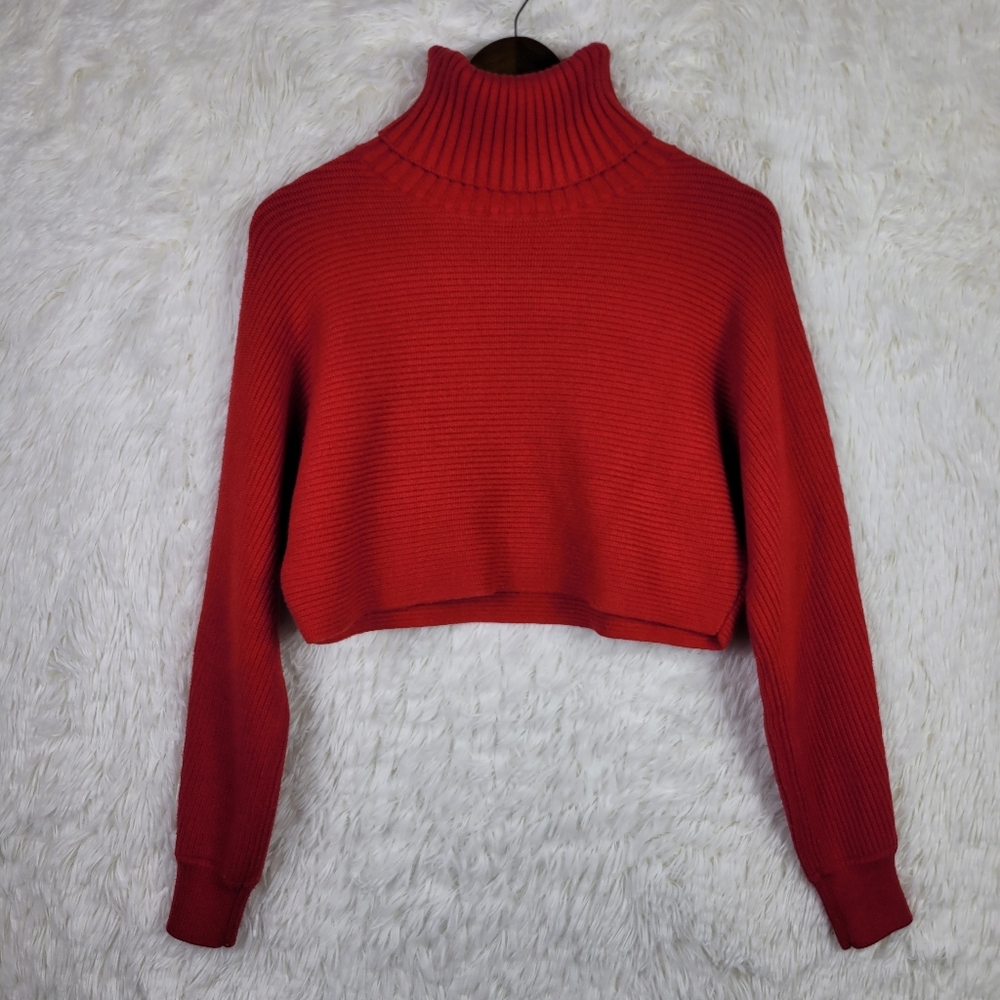 House Of Harlow 1960 Large Red Crop Ribbed Turtleneck Sweater Festive Cozy Retro